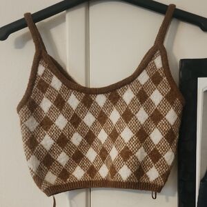Zara Y2K Brown White Argyle Knit Crop Sweater Tank Preppy Grunge Top